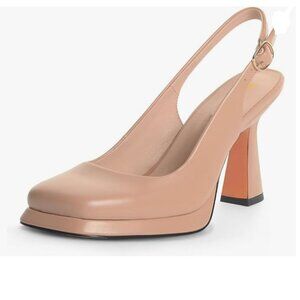 FOWT Nude Platform Square Toe Pumps Block High Heel Slingback Work Shoes